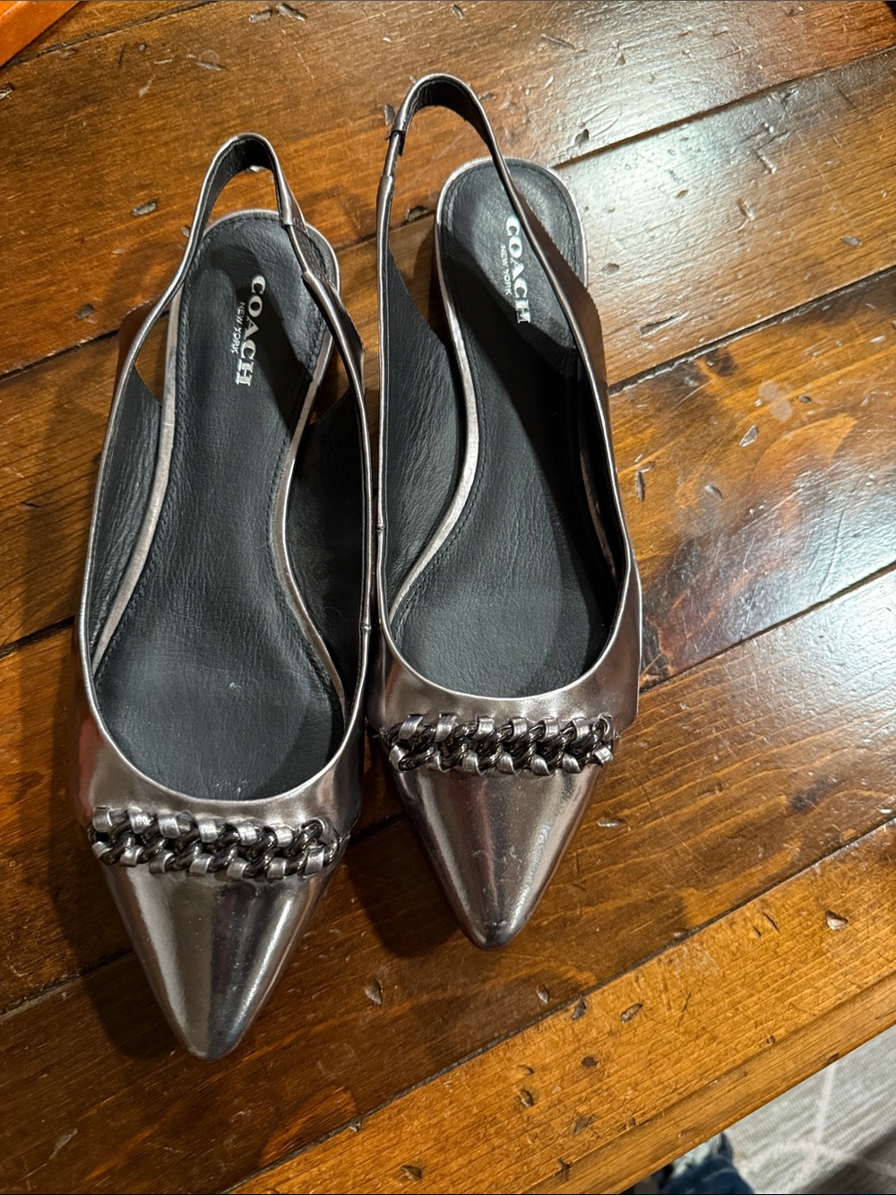 Coach Metallic Pewter Pointed-Toe Slingback Flats with Chain Accent